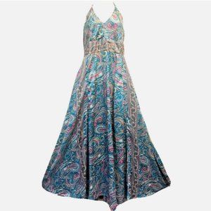 SACRED THREADS paisley boho funky soft poly/silk maxi halter DRESS M
